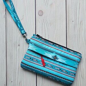 NEW Aqua Aztec Small Travel Wristlet Zip Pouch On-The-Go Small Purse Wallet